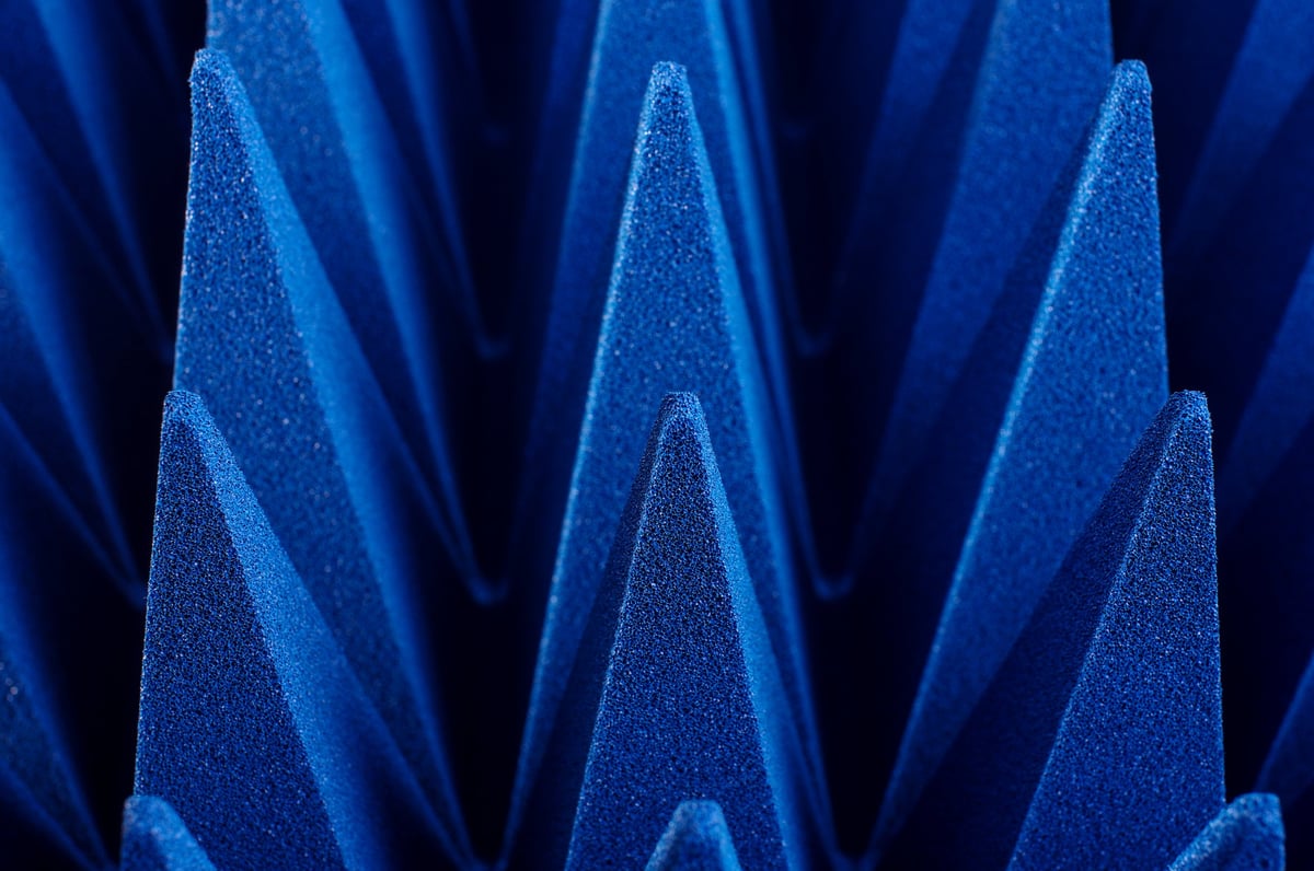 Blue soft hybrid pyramidal microwave and radio frequency absorbers close up